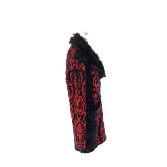Black Rivet Womens Red Black Faux Fur Trim Long Sleeve Cardigan Sweater Size L - Picture 4 of 9